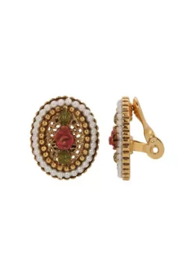 Faux Pearl Red Rose Oval Clip Earrings