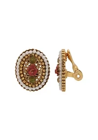 Faux Pearl Red Rose Oval Clip Earrings