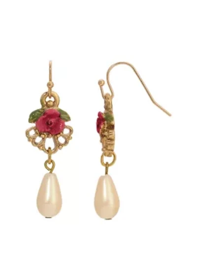 Red Rose Filigree Faux Pearl Earrings
