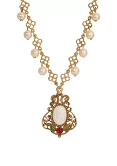 Faux Pearl & Red Rose Shaky Nk 16" Adj.
