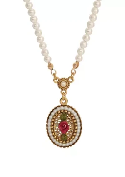 Faux Pearl Rose Filigree Oval Nk 14" Adj