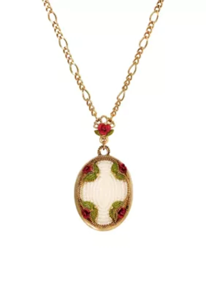 Faux Pearl Bead Oval Red Rose Nk 30"