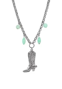 Silver Tone Cowboy Boot Charm Pendant Turquoise Bead Necklace 18"