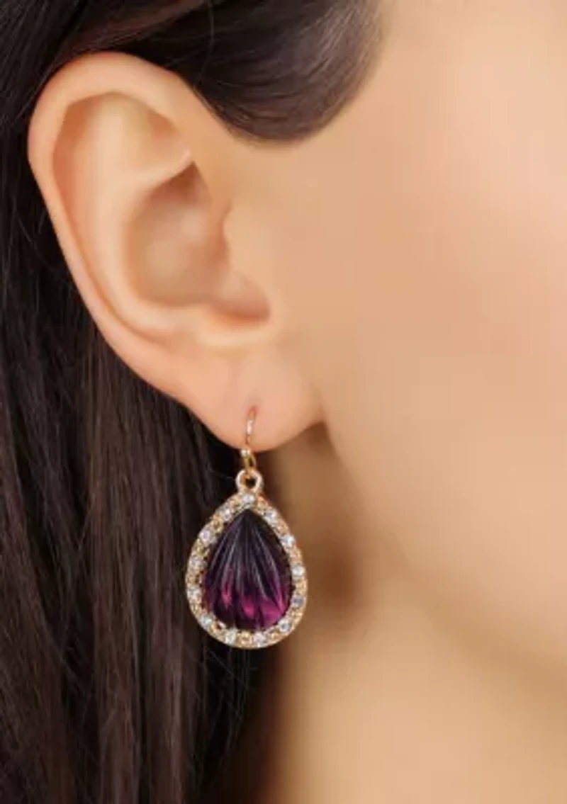 Gold Tone Fluted Purple Teardrop Earrings
