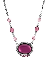 Silver Tone Oval Purple Pendant Necklace 15" Adj.