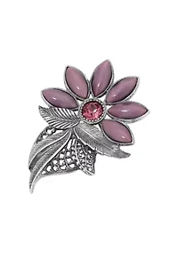 Silver Tone Oval Purple Moonstone Flower Brooch