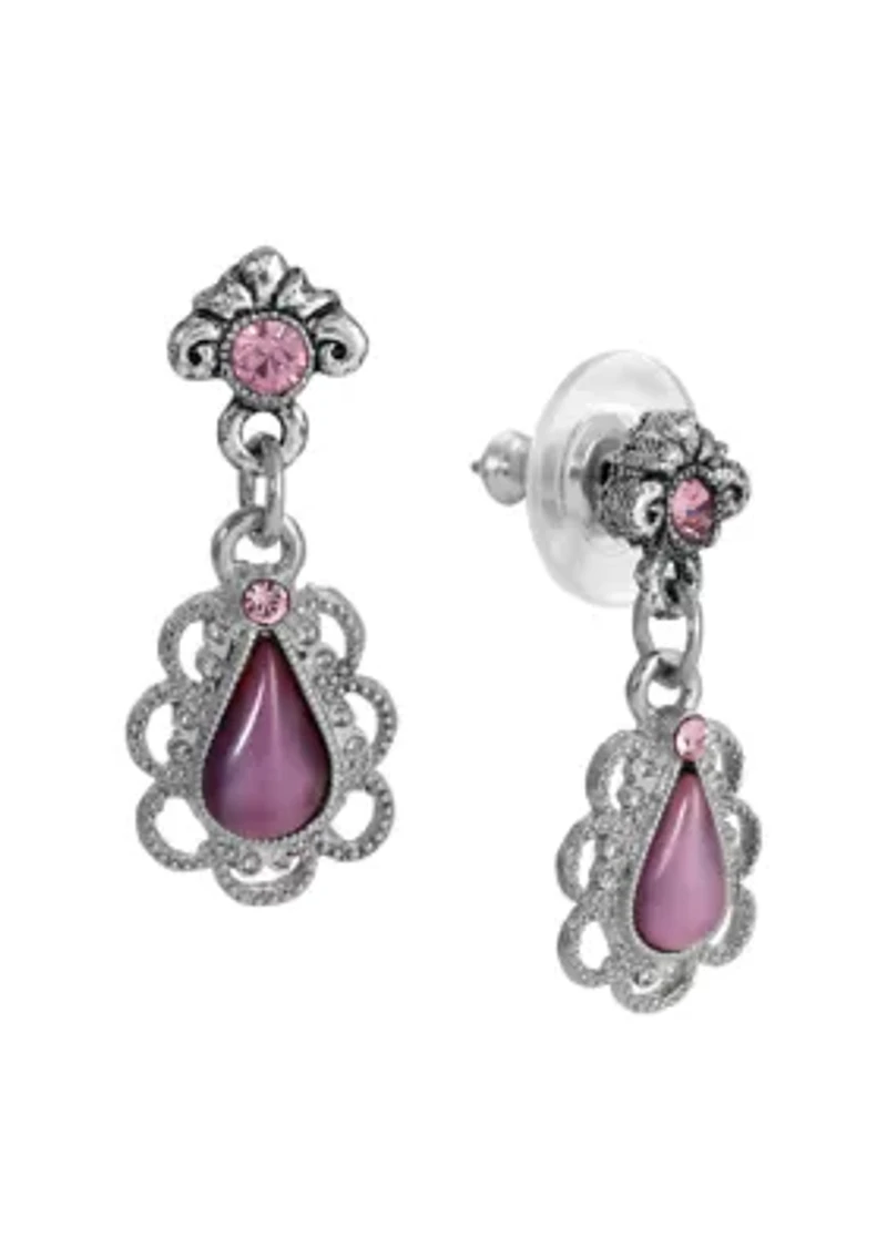 Silver Tone Purple Teardrop Stud Earrings