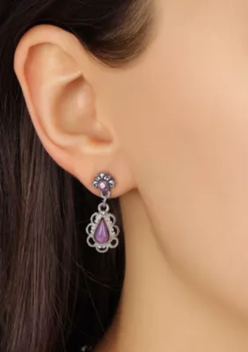 Silver Tone Purple Teardrop Stud Earrings
