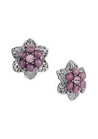 Silver Tone Purple Flower Button Earrings