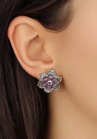 Silver Tone Purple Flower Button Earrings