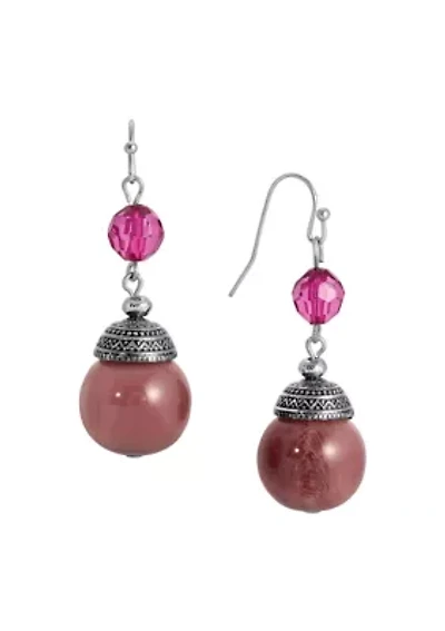 Silver Tone Purple Bead Drop Earrings