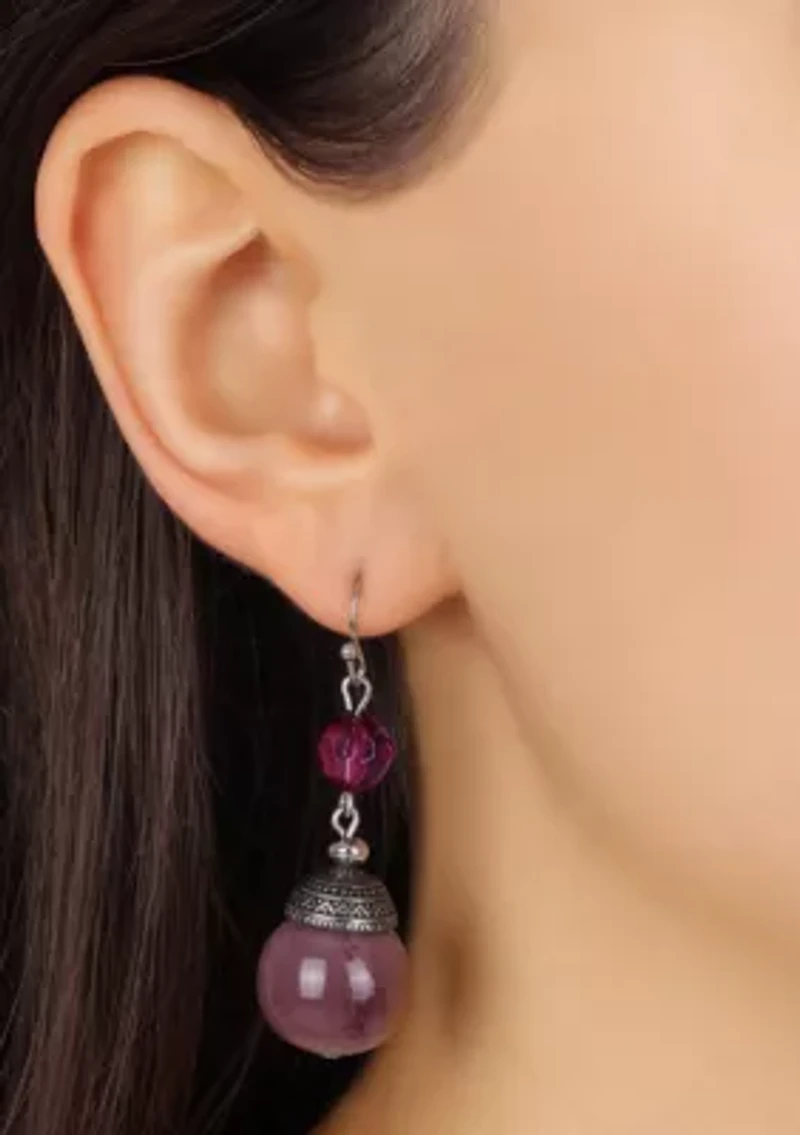 Silver Tone Purple Bead Drop Earrings