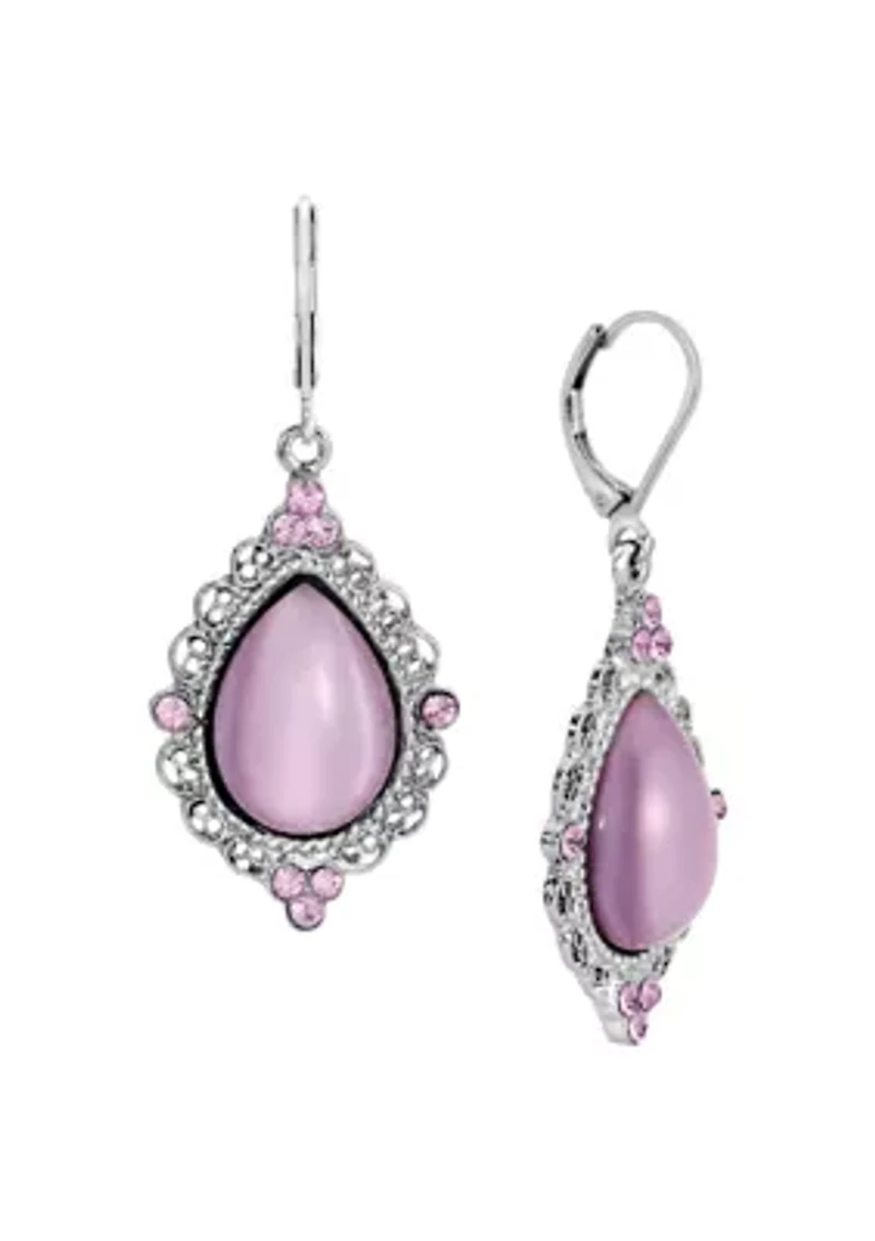 Silver Tone Purple Moonstone Teardrop Leverback Earrings