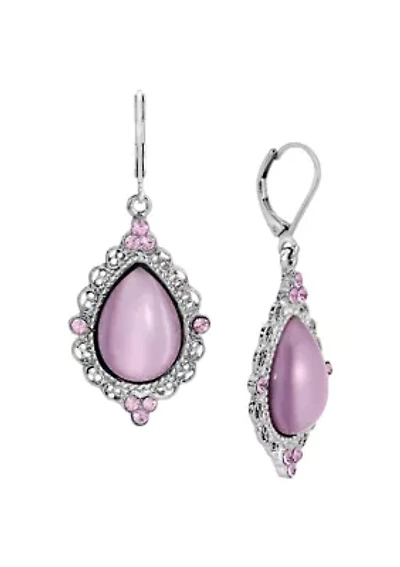 Silver Tone Purple Moonstone Teardrop Leverback Earrings