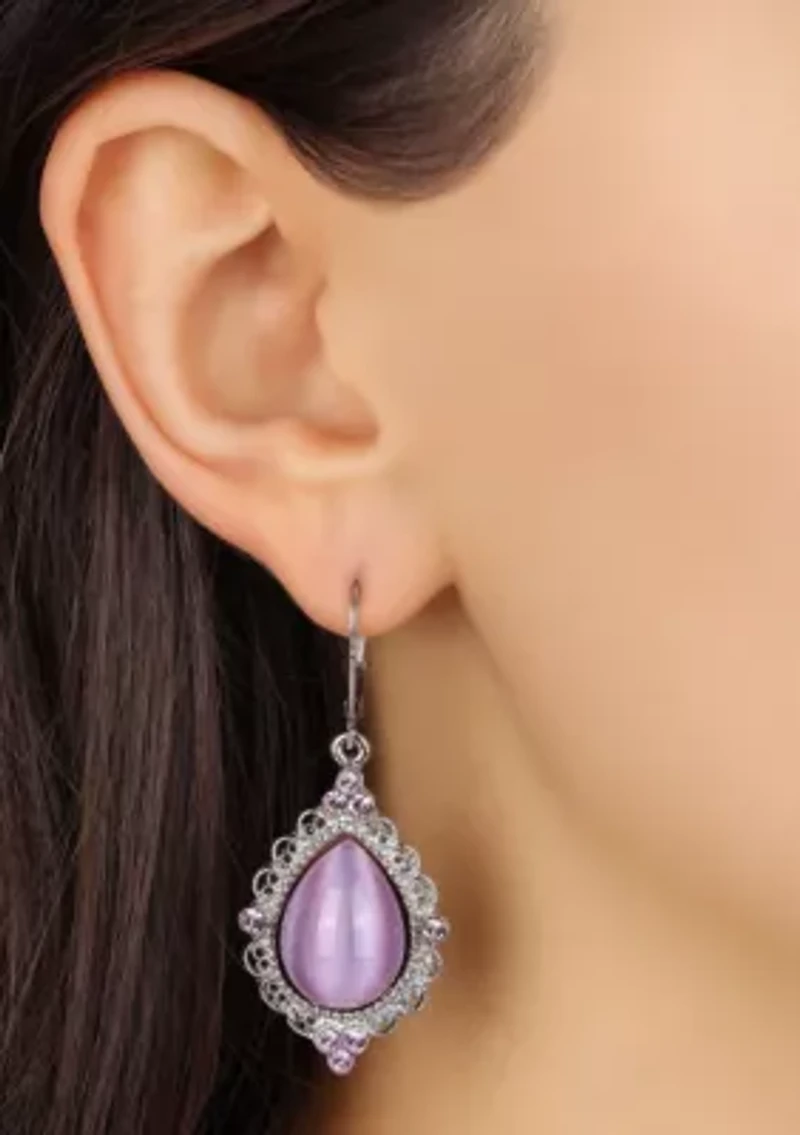 Silver Tone Purple Moonstone Teardrop Leverback Earrings