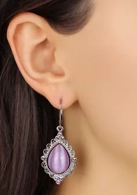 Silver Tone Purple Moonstone Teardrop Leverback Earrings