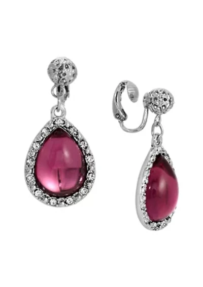 Silver Tone Purple Teardrop Clip Earrings
