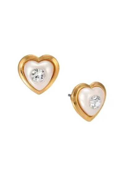 Gold Tone Faux Pearl Heart Crystal Stud Earrings
