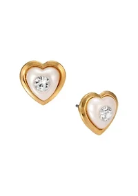Gold Tone Faux Pearl Heart Crystal Stud Earrings