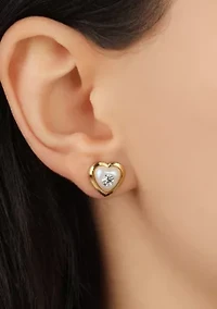 Gold Tone Faux Pearl Heart Crystal Stud Earrings