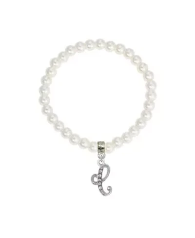 White Faux Pearl Bead Initial Charm Stretch Bracelet