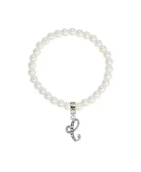 White Faux Pearl Bead Initial Charm Stretch Bracelet