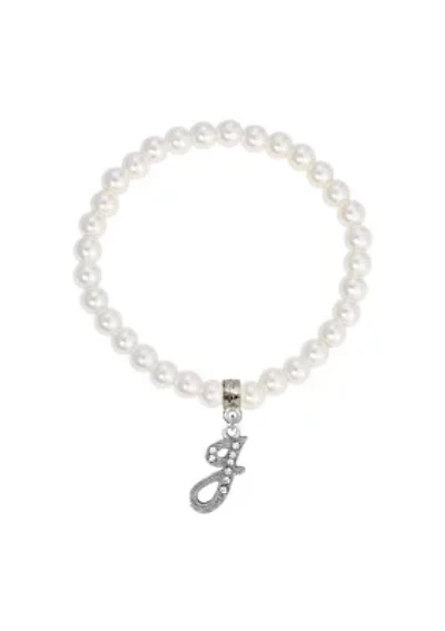 White Faux Pearl Bead Initial Charm Stretch Bracelet