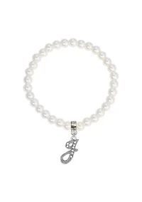 White Faux Pearl Bead Initial Charm Stretch Bracelet