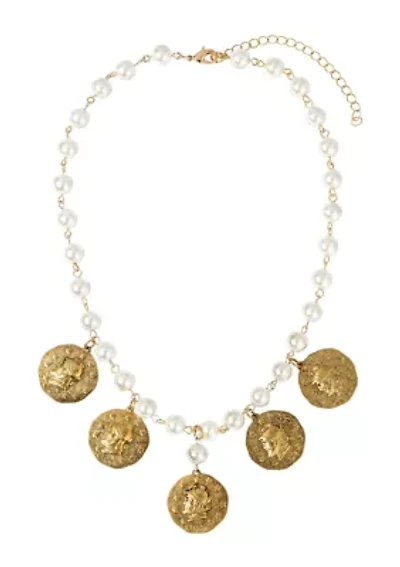 Gold Tone Coin White Faux Pearl Necklace 16" Adj.