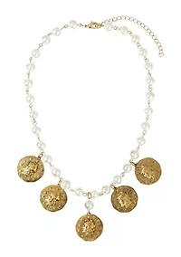 Gold Tone Coin White Faux Pearl Necklace 16" Adj.