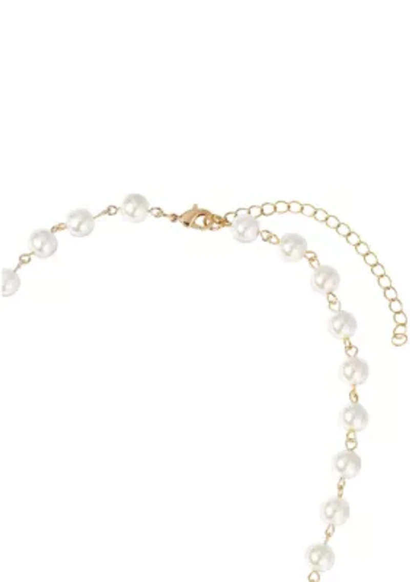 Gold Tone Coin White Faux Pearl Necklace 16" Adj.