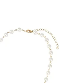 Gold Tone Coin White Faux Pearl Necklace 16" Adj.