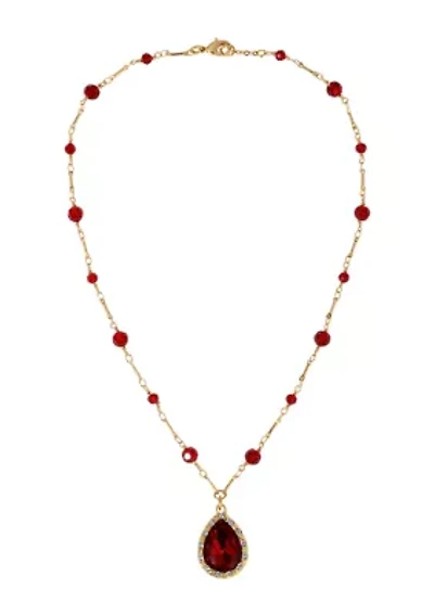 Gold Tone Red Teardrop Red Bead Chain Necklace 18"