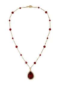 Gold Tone Red Teardrop Red Bead Chain Necklace 18"