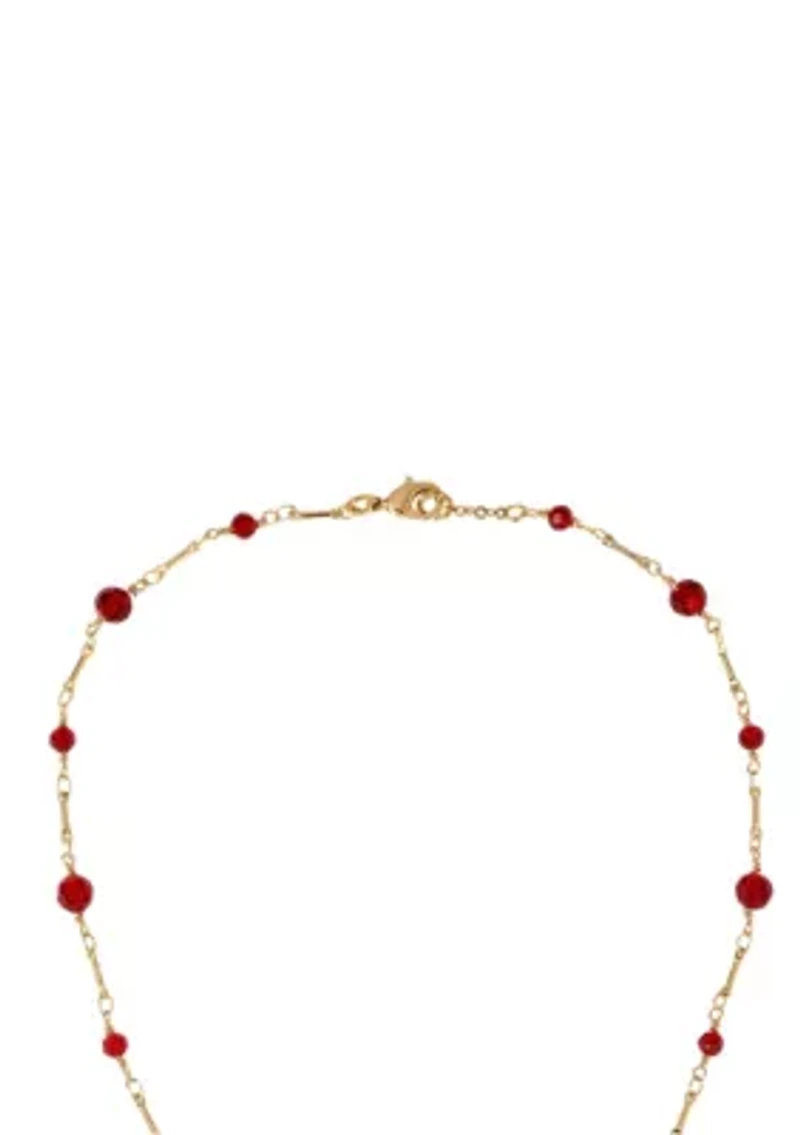 Gold Tone Red Teardrop Red Bead Chain Necklace 18"