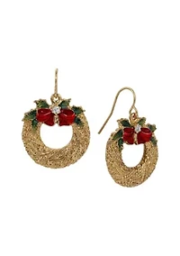 Gold Tone Christmas Wreath With Bow Wire Earring