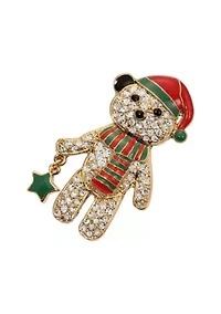 Gold Tone Crystal Teddy Bear Santa Brooch