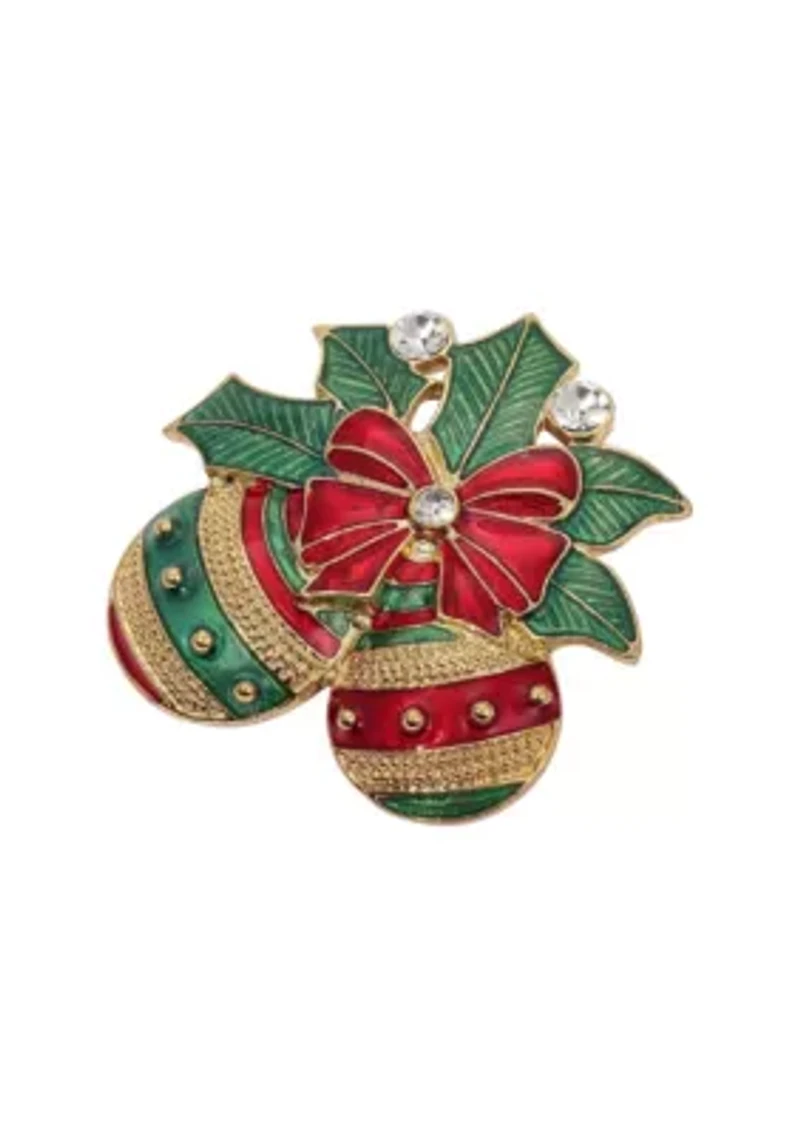 Gold Tone Green & Red Christmas Ornaments & Bow Brooch