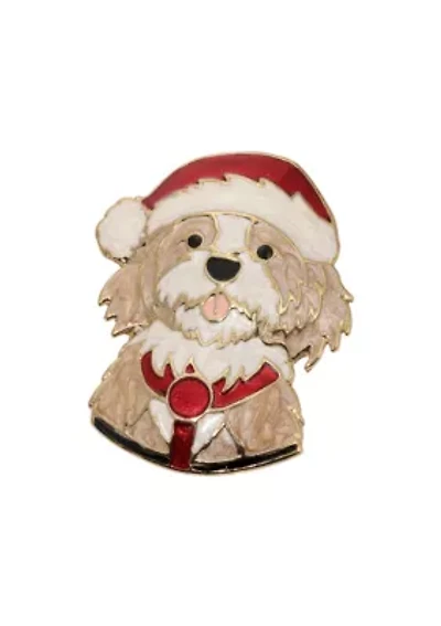 Gold Tone Red & Beige Santa Dog Brooch