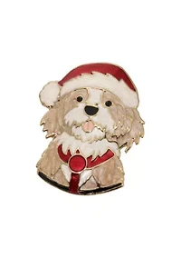 Gold Tone Red & Beige Santa Dog Brooch