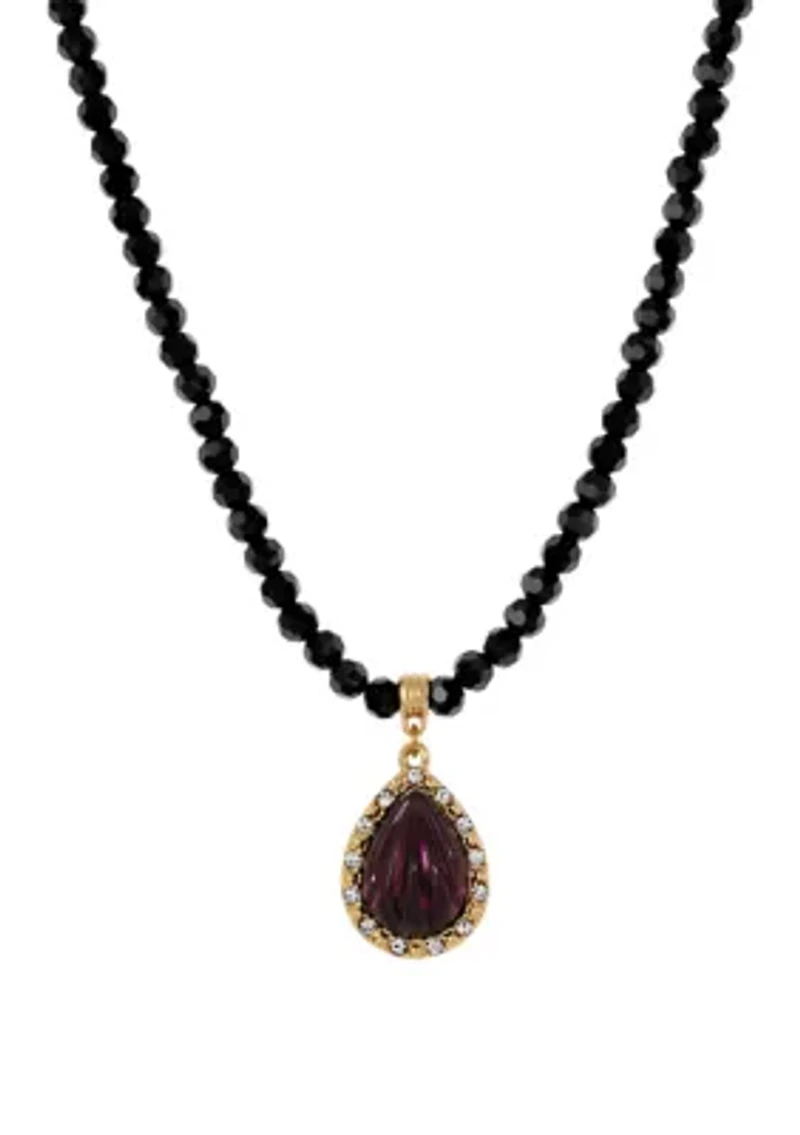 Purple Teardrop Black Bead Necklace 15"A