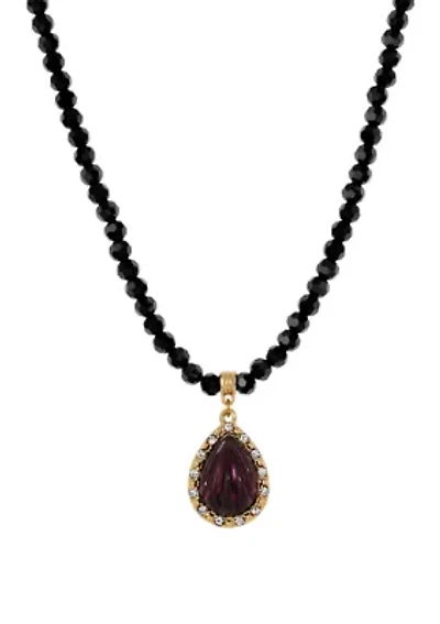 Purple Teardrop Black Bead Necklace 15"A