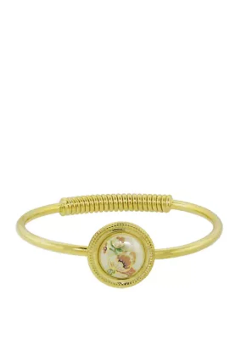 Gold Tone Flower Decal Pearl Hinge Bracelet