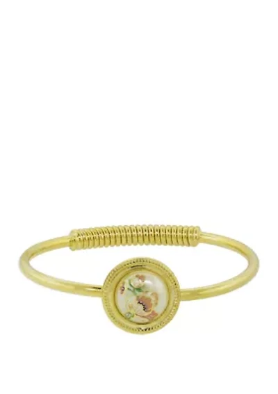 Gold Tone Flower Decal Pearl Hinge Bracelet