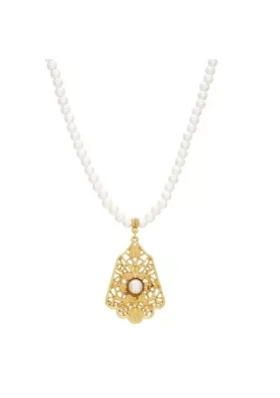 Gold Tone Filigree Drop Pearl Necklace 15 Inch Ajd