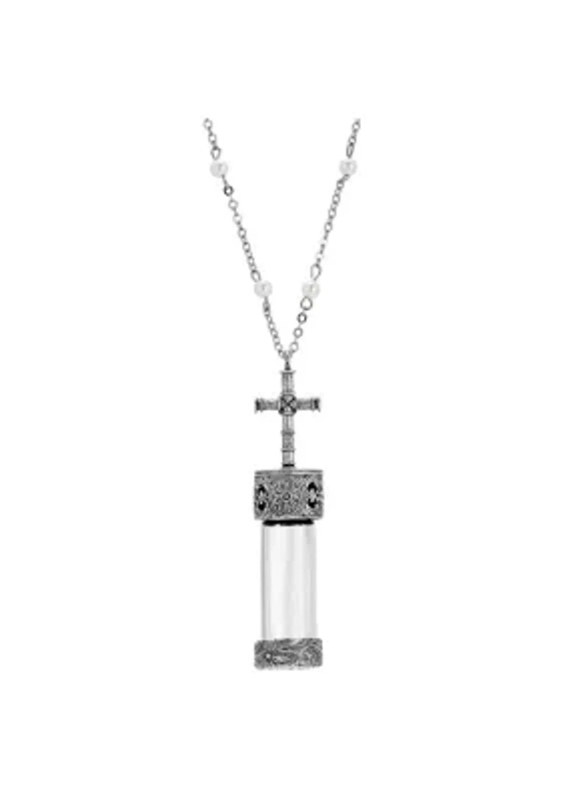 Pewter Silver Tone Cross Cap Vial Necklace 30 Inches