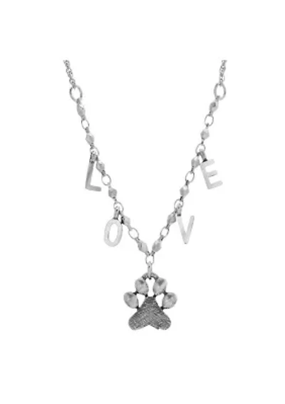 PEWTER AND SILVER TONE PAWPRINT WITH LOVE INITIALS NECKLACE 16 INCHES