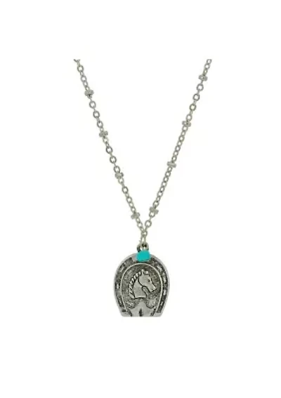Pewter Turquoise  Horseshoe Pendant Necklace 16 Inch Adj