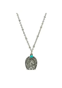 Pewter Turquoise  Horseshoe Pendant Necklace 16 Inch Adj