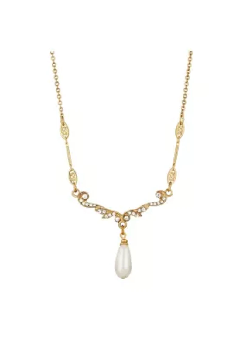 Gold Tone Pearl And Crystal Drop 16"+3" ADJ Necklace